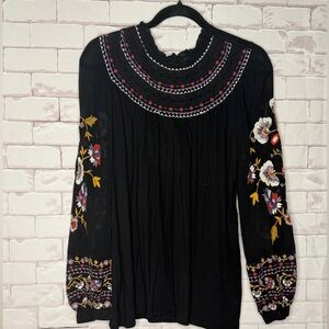 Anthropologie Akemi + Kin Louise Blouse Peasant Embroidered Black M Boho
